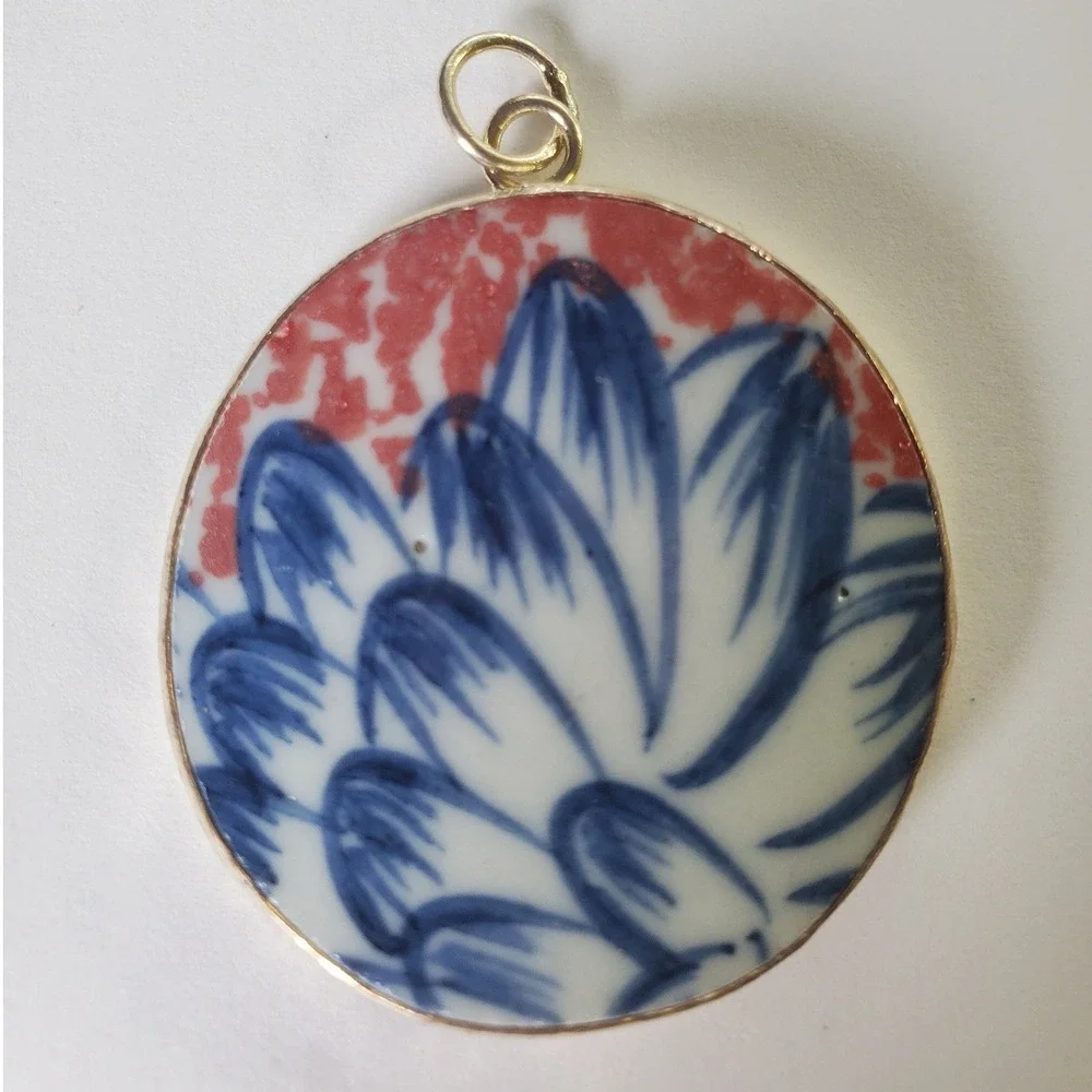 Artisan Floral Pendant Ming Blue Coral White Porcelain Pottery Shard Chinoiserie